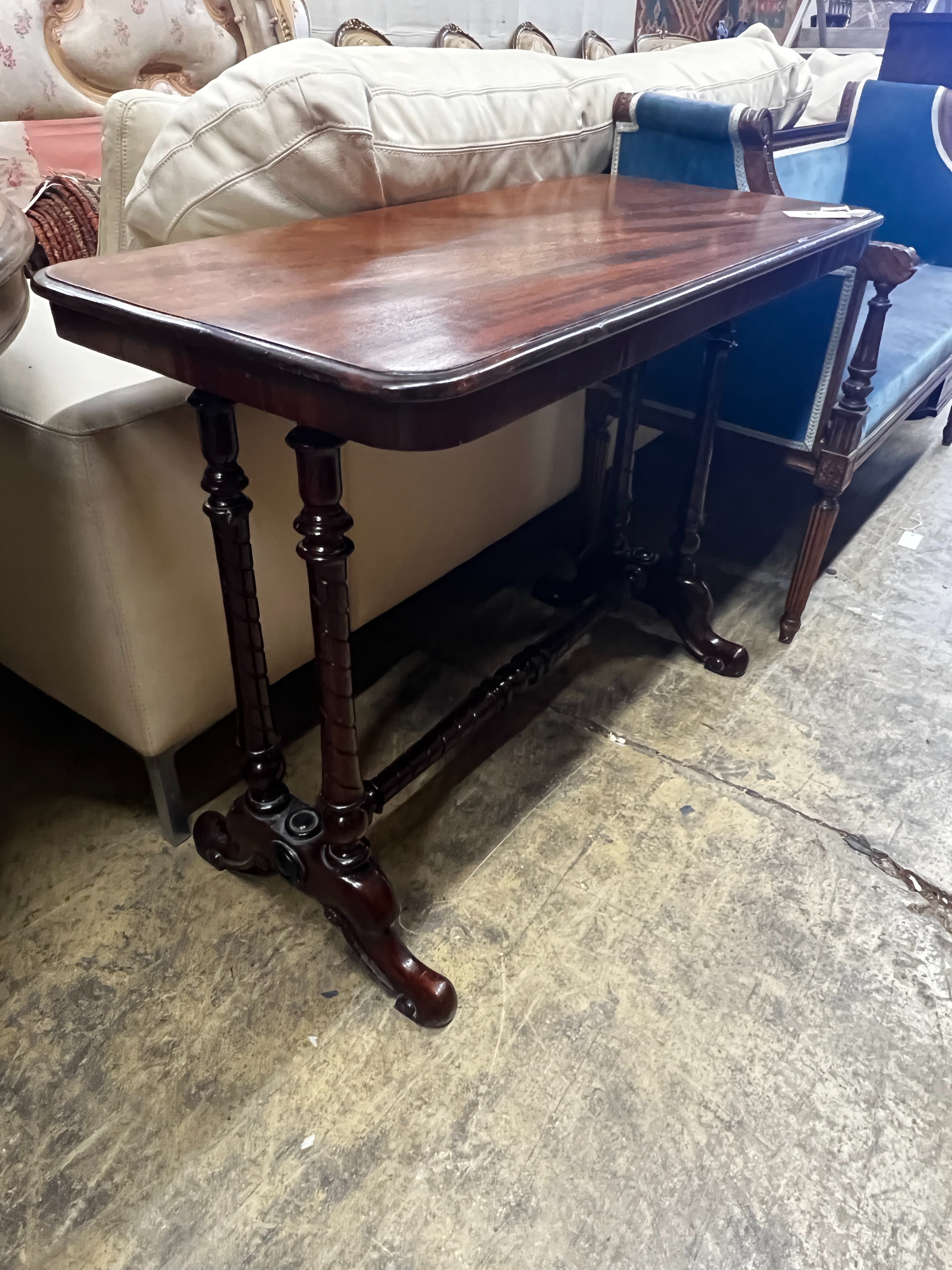 A Victorian rectangular mahogany stretcher table, width 90cm, depth 44cm, height 70cm